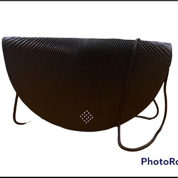 Jacobsons Black Crescent Pleated Front Jeweled Embellishment Rope Handle Clutch - Picture 2 of 5